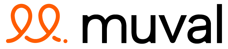 Muval logo featuring an abstract orange symbol on the left, resembling a stylized loop or ribbon, followed by the word "muval" in bold, black lowercase letters on a light background.